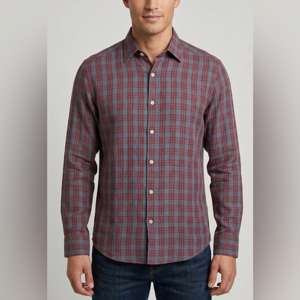 Stone rose Men's Plaid linen Shirt - Red/Grey